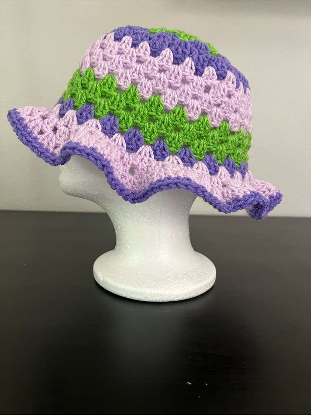 Handmade Crocheted Bucket Hat in Lavender, Green & Purple - Picture 2 of 6